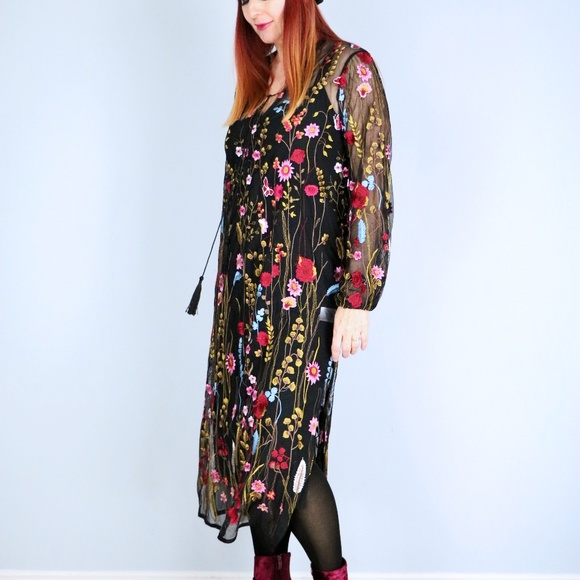 Semi Sheer Floral Embroidered Boho Maxi Dress Size Small/Medium - Picture 5 of 11